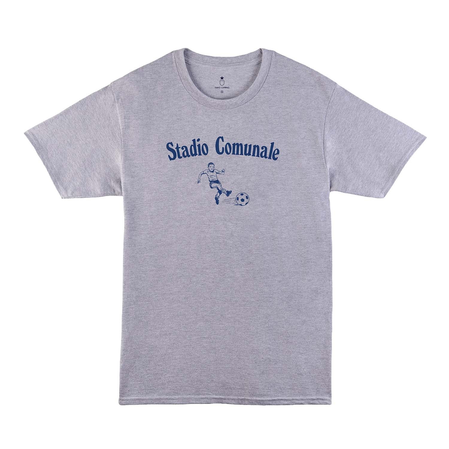 Stadio Comunale and football player print on grey t-shirt.