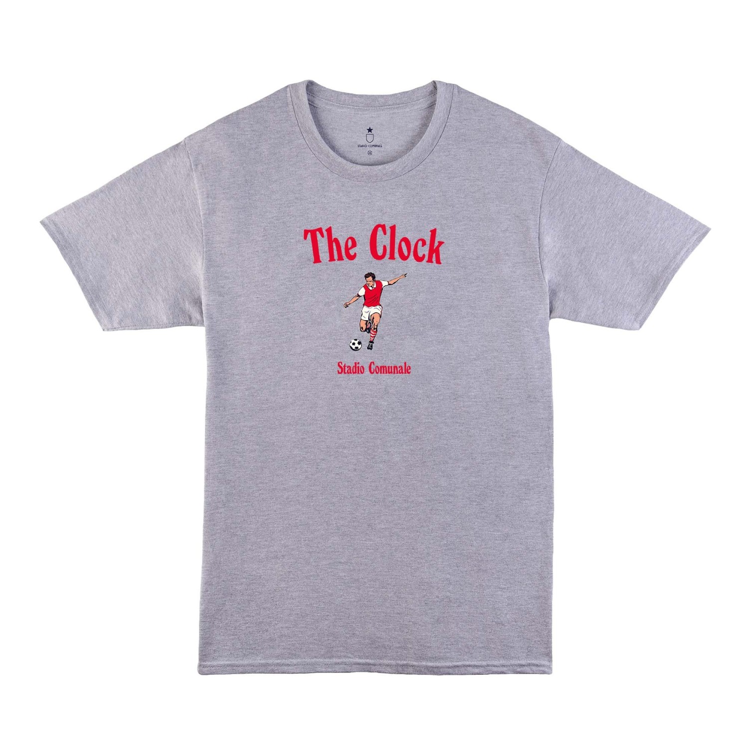 Classic football t-shirt, heather grey and The Clock in red typo