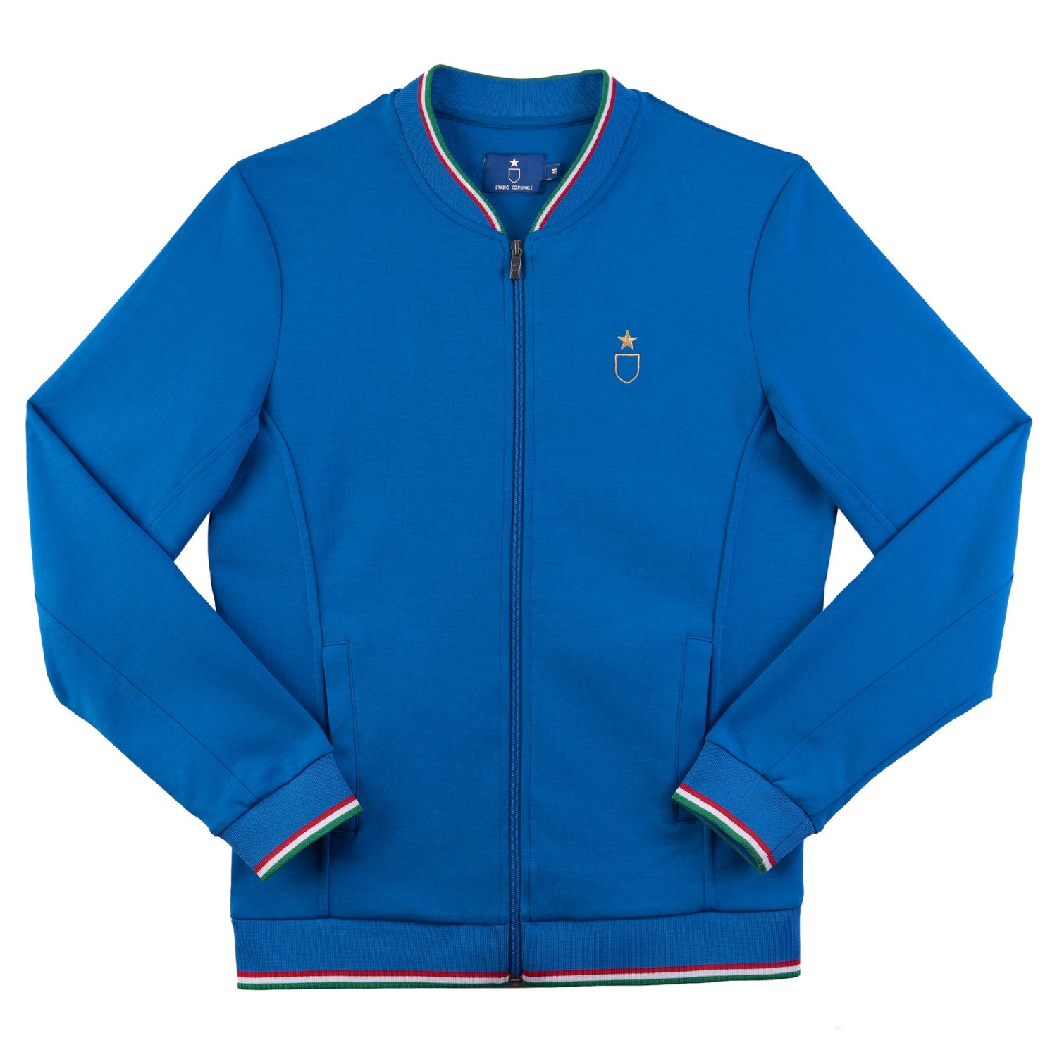 Track jacket in royal blue represents Italy football team.