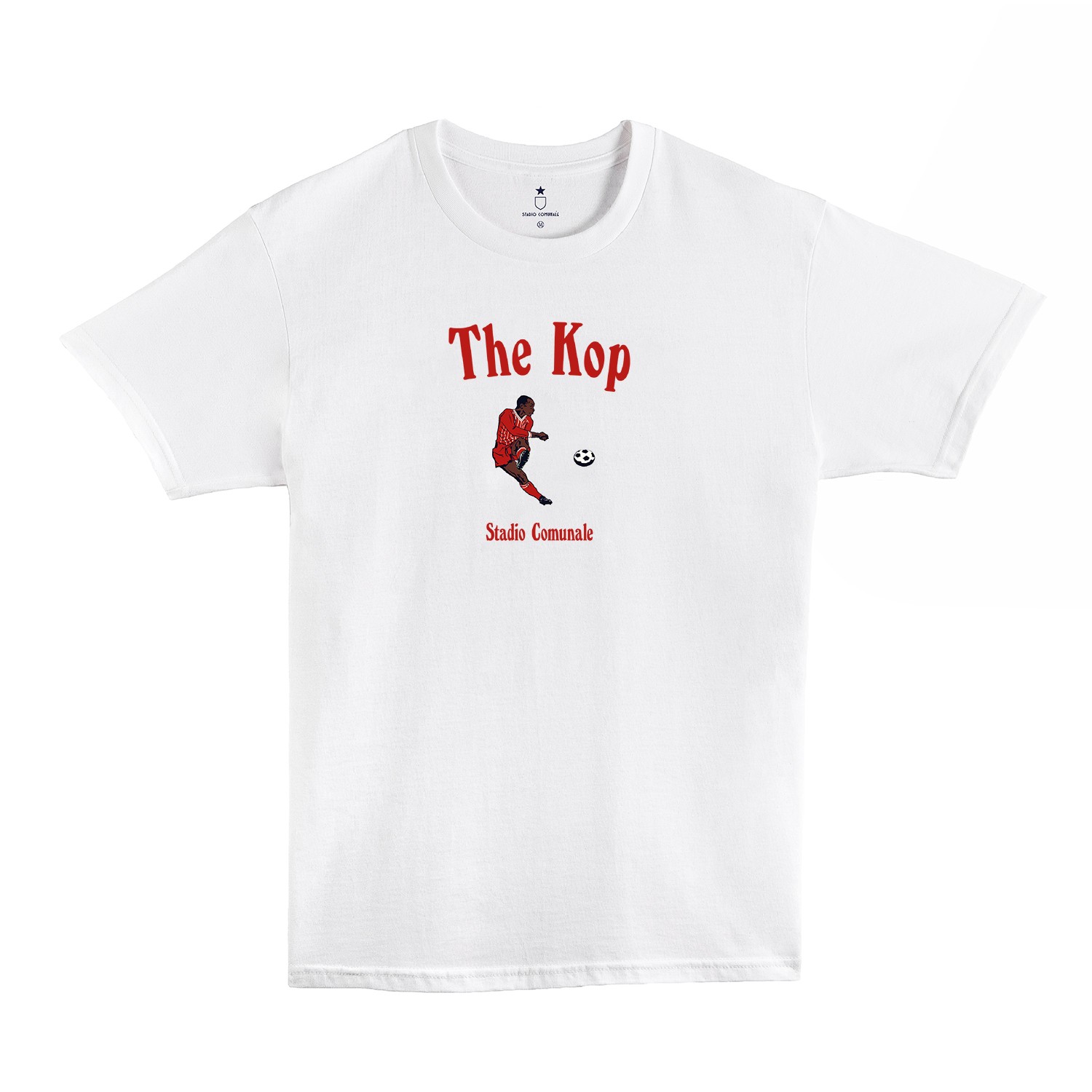 Classic football t-shirt, white and The Kop in red typo