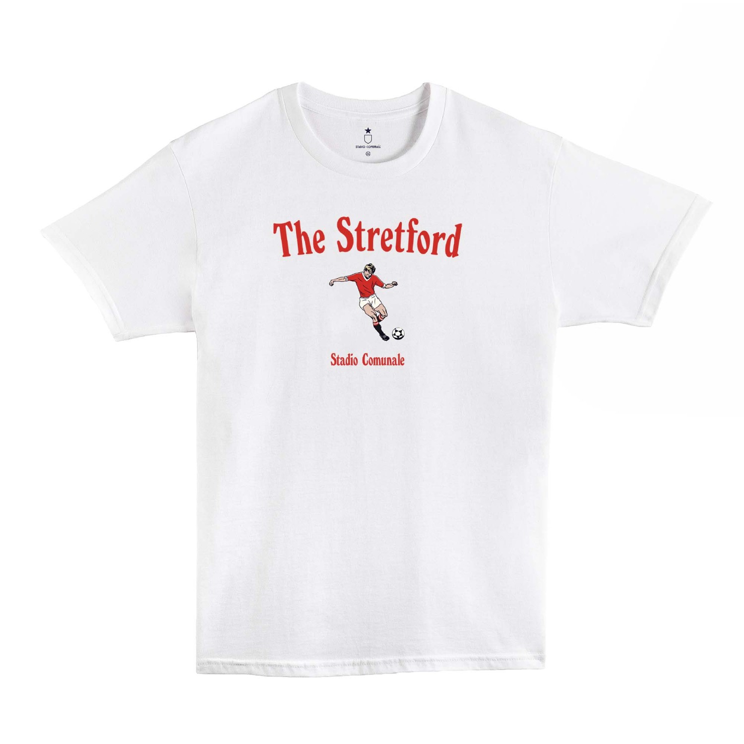 Classic football t-shirt, White and The Stretford in red typo, Manchester team