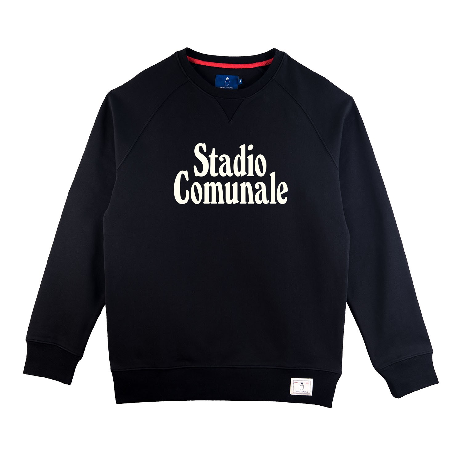 Statio Comunale print in white on black sweatshirt.