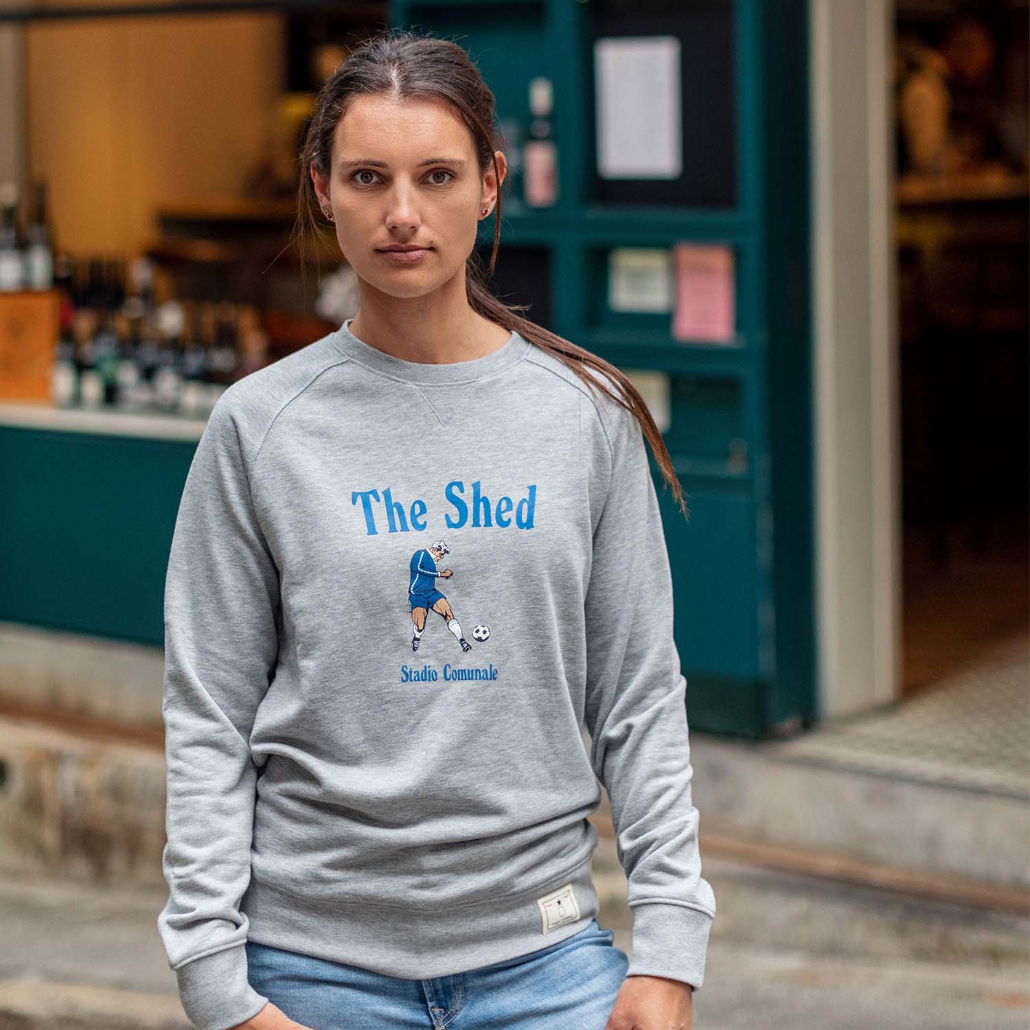 The Shed, Chelsea classic football sweatshirt in heather grey and blue.
