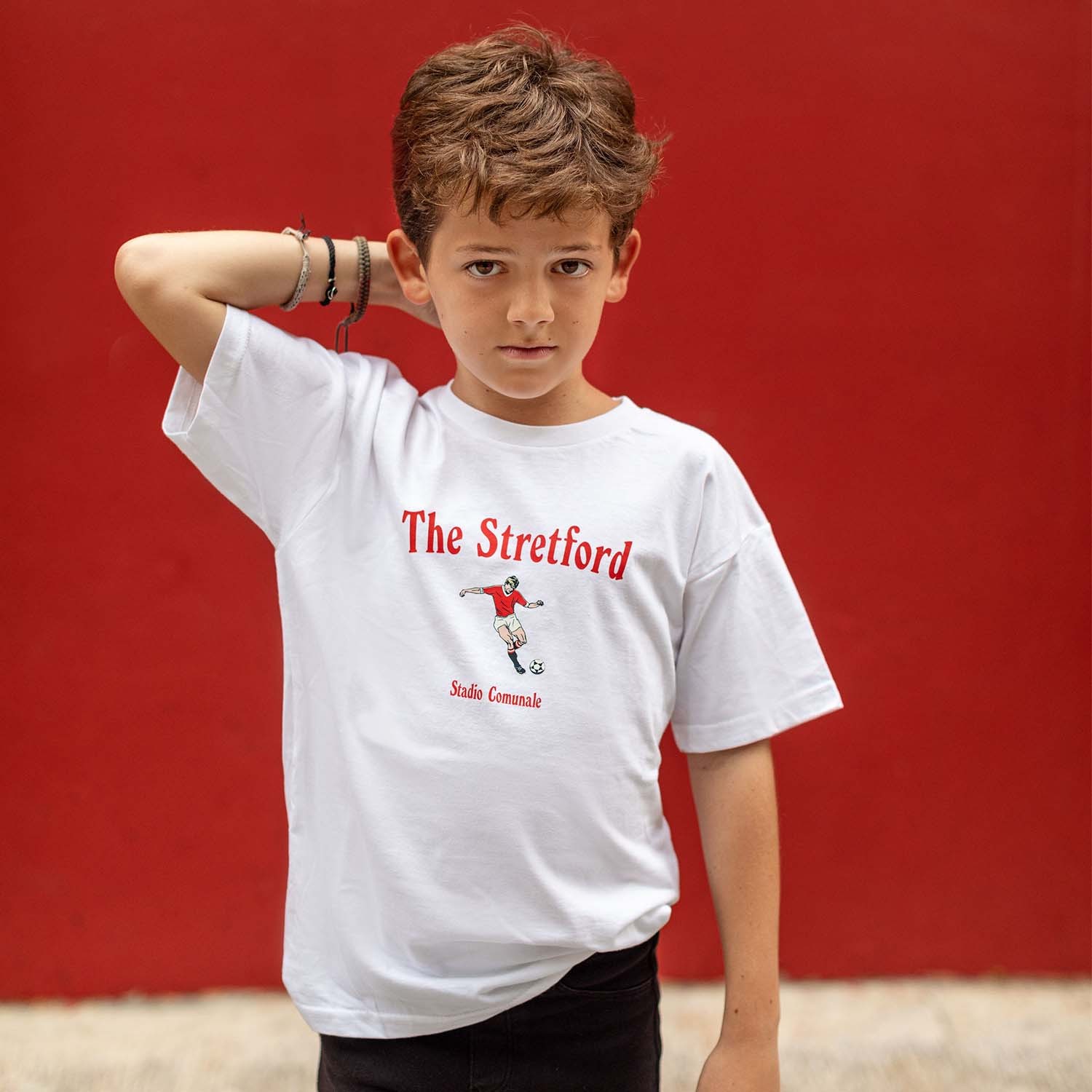 Classic football t-shirt, White and The Stretford in red typo, Manchester team