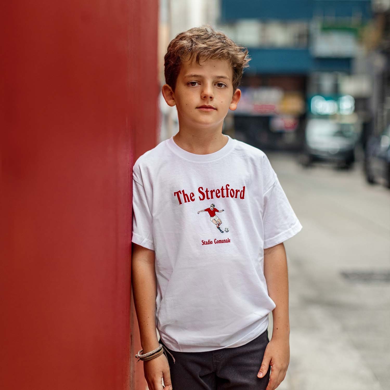 Classic football t-shirt, White and The Stretford in red typo, Manchester team