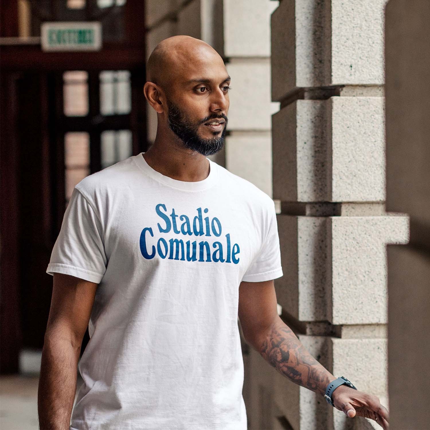 Stadio Comunale blue print on white t-shirt.